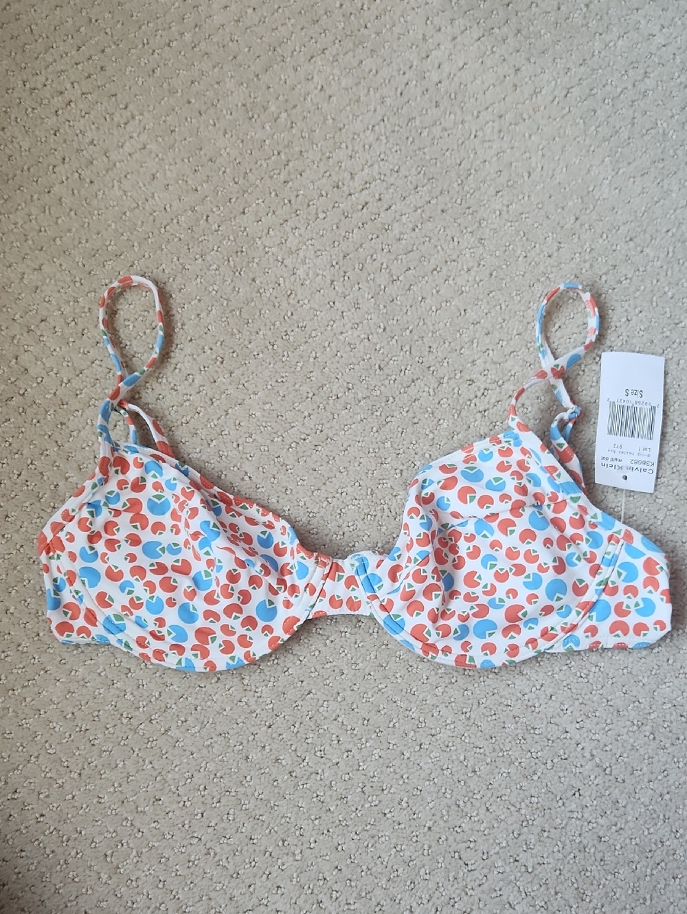Calvin Klein White Bikini Top with Red and Blue Heart Print